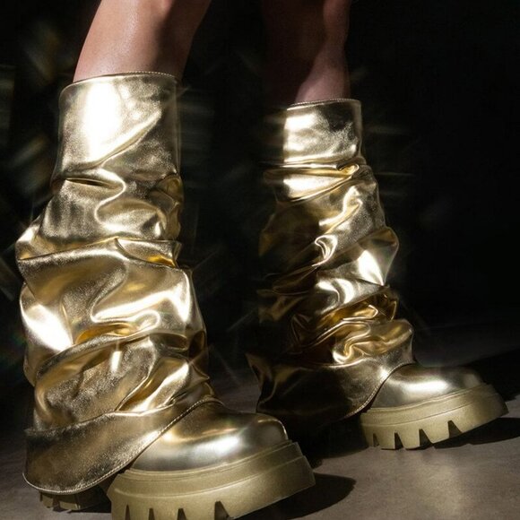 AZALEA WANG " COMBAT BEAUTY " METALLIC MID CALF BOOT IN GOLD(BRAND NEW !!!!!!!!! - Picture 2 of 7